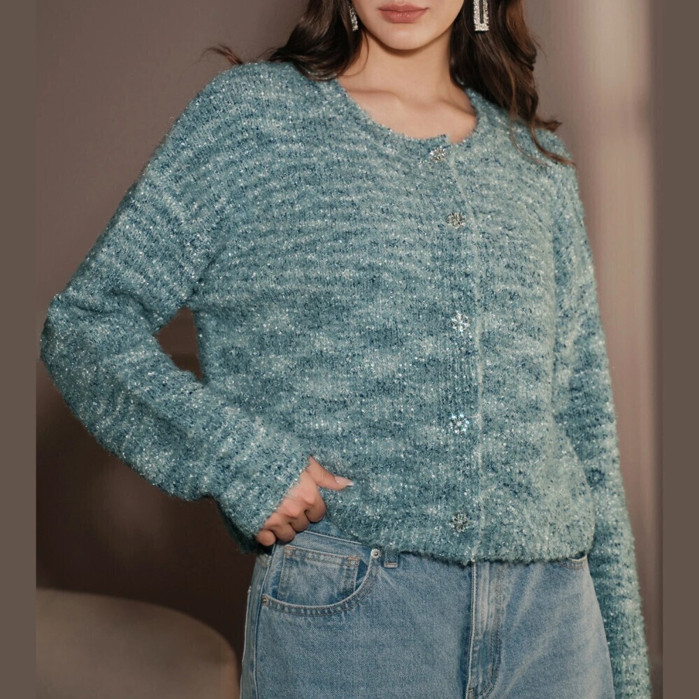 Dusty Blue Gray Boucle Knit Jeweled Button Round Neck Cropped Cardigan